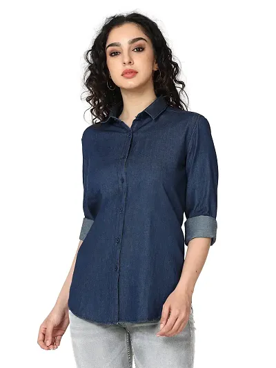 Miraan Stylish Dark Blue Denim Solid Shirt For Women
