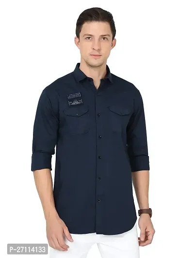 Miraan Stylish Navy Blue Cotton Double Pocket Shirt For Men