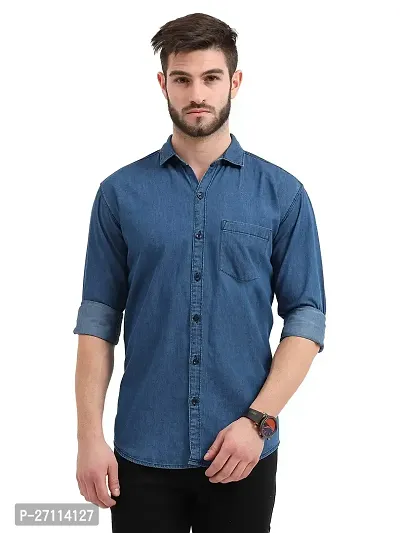 Miraan Stylish Light Blue Denim Long Sleeves Shirt For Men-thumb0