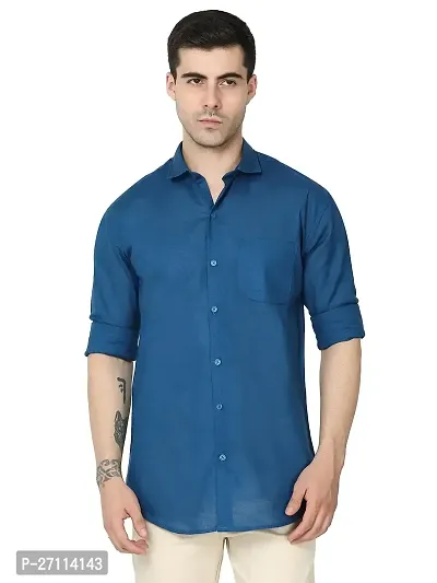 Miraan Stylish Teal Blue Linen Cotton Shirt For Men