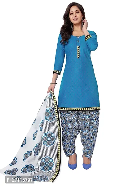 Miraan Elegant Cotton Sky Blue Printed Straight Kurta With Salwar And Dupatta Set For Women-thumb0