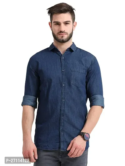 Miraan Stylish Dark Blue Denim Long Sleeves Shirt For Men