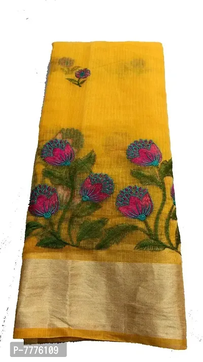 JP Women's Banarasi Synthetic Kota Doria Applique Floral Work and Golden Border Saree (Multicolour, Yellow)-thumb0
