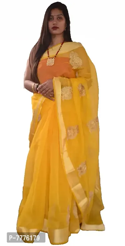 Anny Designer Women's & Girl's Cotton Blend Saree With Running Blouse Piece (Yellow)-thumb0