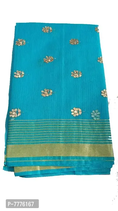 JP Women's Kota Doria Light Blue with Golden Border Saree with Applique Work