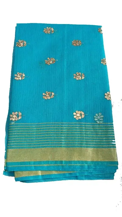 JP Women's Kota Doria Light with Border Saree with Applique Work