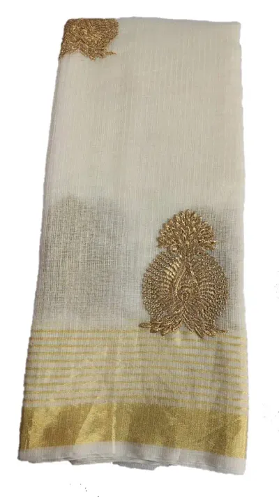 Jp Women's synthetic Kota Doria Banarasi Saree with Applique Work (Off-White)