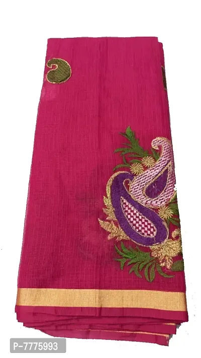 Anny Women's Kota Doria Dark Pink with Multicolor Work and Golden Border Printed Saree with Blouse Piece