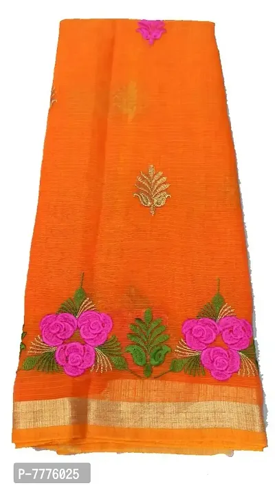 Anny Women's Kota Doria Dark Orange with Multicolor Work and Golden Border Printed Saree with Blouse Piece