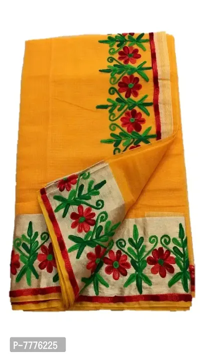 Anny Designer women's kota doria Saree with resham embroidery/Girls saree with blouse piece (free size)(Banana Yellow)-thumb0
