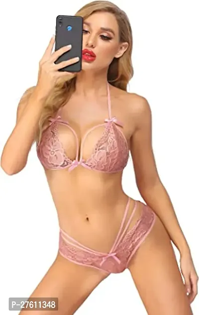 Bra  Panty Set Embellished Pink Lingerie Set-thumb0