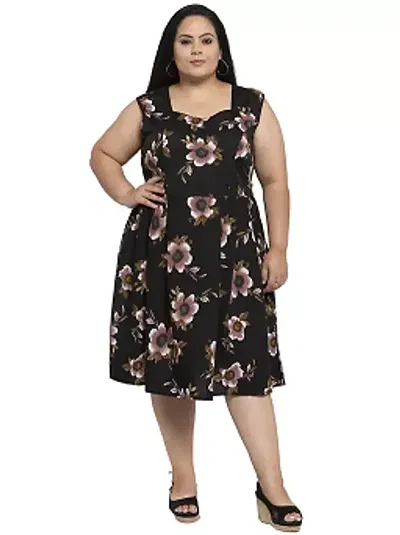 Women's Crepe Printed Knee Length Fit and Flare Dress (Black, Size: 6XL)-PID41522