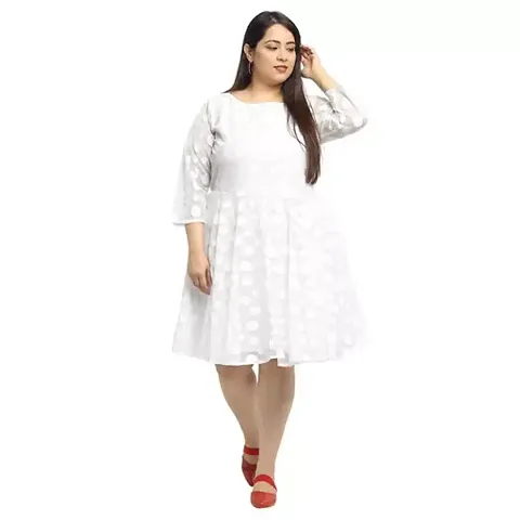 Women's Net Solid Knee Length Fit and Flare Dress (White, Size: 6XL)-PID41567