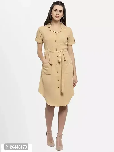 Women's Solid Shirt Collar Beige Dresses-thumb0