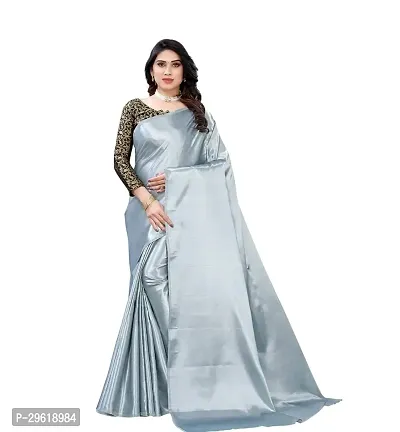 Classic Satin Art Silk Plain Sarees Party Wear For Party ( Banaras Satin Art Silk )Grey