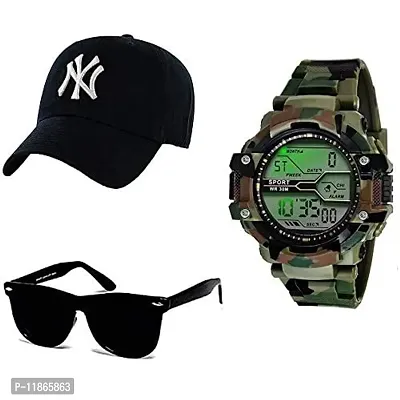 SELLORIA Green Army Watch with Black Sunglass with Baseball Cap Black-thumb0