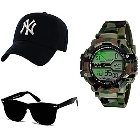 SELLORIA Green Army Watch with Black Sunglass with Baseball Cap Black