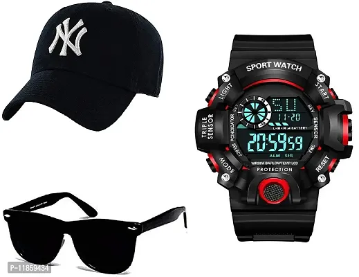 SELLORIA Black Dial Digital Watch with Black Sunglass with Baseball Cap Black