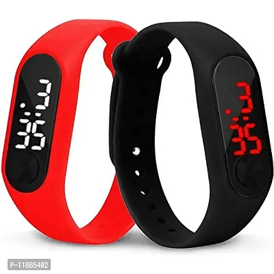 SELLORIA Red & Black Slim Digital Purple Dial Led Bracelet Band Watch for Boys and Girls Combo Set of 2-thumb0