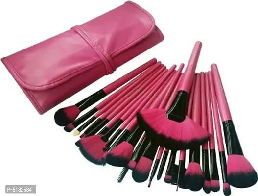 24 Pieces Synthetic Makeup Brush With Leather Case Dark Pink-thumb0