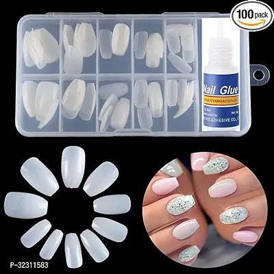 Reusable Artificial Nails, Set of Natural 100Pcs Fake Nails (10 Sizes) with False Nails Glue(3gm)-thumb0