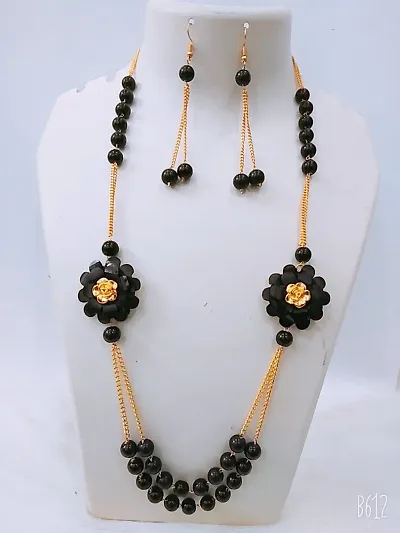 Trendy Floral Design Beaded Long Necklace Set