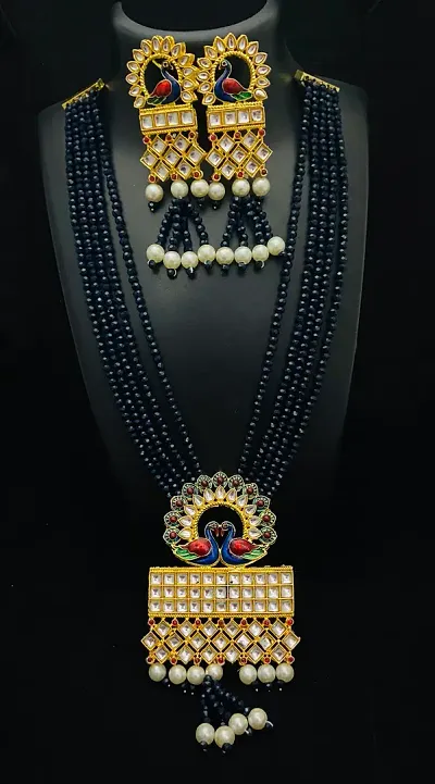 Partywear Brass Kundan Long Necklace Set