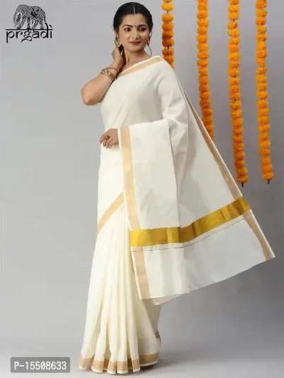 Prgadi Kerala Cotton Kasavu Saree With Golden Zari