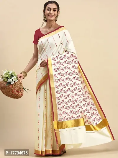 Off White Traditional Kasavu Saree From Kerala | Exotic India Art