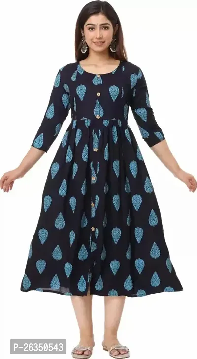 Stylish Blue Viscose Rayon A-Line Printed Stitched Kurti For Women, Pack Of 1-thumb0