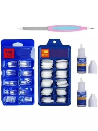 100 pcs Transparent Nails, 100 pcs White Nails, 2 pcs Nail Glue and 1 pc Nail Filer Combo