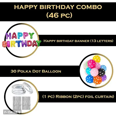 Party Midlinkerz Polka Dots Rubber Happy Birthday Balloon Decoration Kit, 13 Letters Banner, 30 Polka Dot Balloon, 2 Piece Curtain, 1 Piece Ribbon (Multicolour, Pack of 46)-thumb2