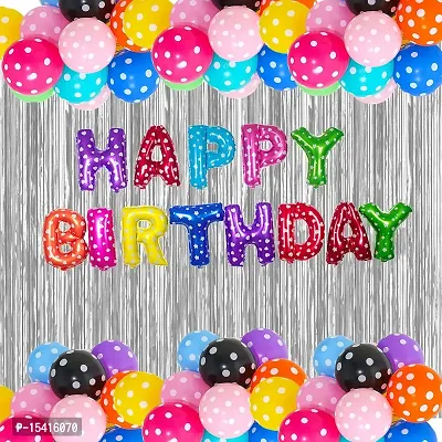 Party Midlinkerz Polka Dots Rubber Happy Birthday Balloon Decoration Kit, 13 Letters Banner, 30 Polka Dot Balloon, 2 Piece Curtain, 1 Piece Ribbon (Multicolour, Pack of 46)-thumb0