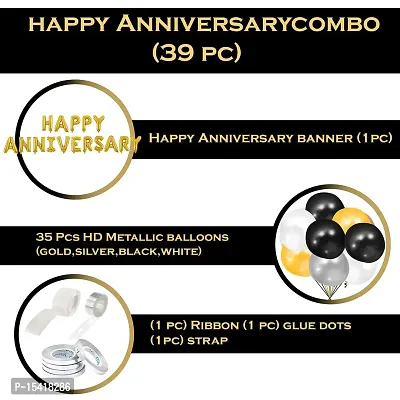 Party Midlinkerz Confetti Rubber Happy Anniversary Balloon Decoration Kit, 1 Piece of Banner, 35 HD Metallic Balloons, 1 Piece Ribbon, 1 Piece Glue Dots, 1 Piece Strap, (Gold, Silver, Black, White_Pack of 39)-thumb2