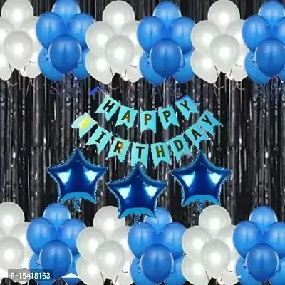 PARTY MIDLINKERZ Happy Birthday Blue and White Metallic Balloons Party Decoration Kit items 46Pcs combo set decor for HBD (Set of 46)