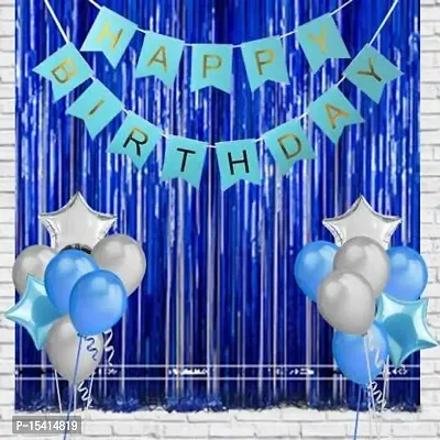 PARTY MIDLINKERZ Happy Birthday Balloons Decoration Kit 17 Pcs, 1 set of Letter Printed Blue Paper Banner Combo with 2Pcs of Blue Foil