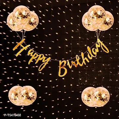 Party Midlinkerz Confetti Rubber Happy Birthday Balloons Decoration Kit (Happy Birthday Banner, 1 Piece) (Golden Confetti Balloons, 10 Pieces) (LED Lights, 9 mtr, 1 Piece) Combo (Pack of 12)