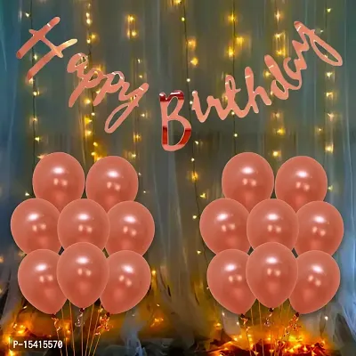 PARTY MIDLINKERZ Rose Gold Birthday Decoration Kit - 52Pcs Happy Bday Banner Led Light and Metallic Balloons for Baby Girls, Boys, Women, Wife Theme Celebration Items