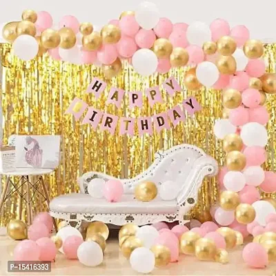 Party Midlinkerz Solid Happy Birthday Balloons Decoration Kit (Happy Birthday Banner, 1 Piece, Pink, Balloons, Pink, White  Golden  Curtains, Gold) (Multicolor, Combo, Pack)-thumb0