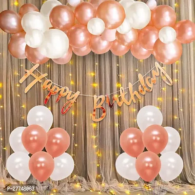 Rosegold Happy Birthday Decoration Item Kit Combo With Led Light  White Curtain