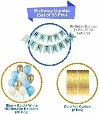 Happy Birthday Combo Printed Blue Banner (1 Pc) With Metallic Balloons (30 Pcs)  Decorative Golden Curtains (2 Pcs) (Set Of 33)-thumb1