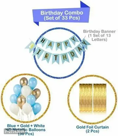 Happy Birthday Combo Printed Blue Banner (1 Pc) With Metallic Balloons (30 Pcs)  Decorative Golden Curtains (2 Pcs) (Set Of 33)-thumb2