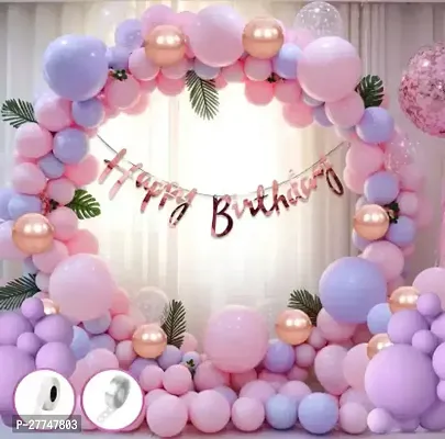 Pink Purple Pastel Balloons Combo With Birthday Banner, Arc, Glue Dot For Girls-thumb0