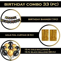 Party Midlinkerz Plain Rubber Happy Birthday Balloons Decoration Kit, Happy Birthday Banner - 1 Piece, Gold Foil Curtains - 2 Pieces, Gold Balloons - 15 Pieces, Black Balloons - 15 Pieces, Combo (Pack of 33)-thumb1