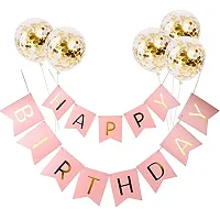 Party Midlinkerz Happy Birthday Banner, Pink  Confetti Balloons, 12 inch, Golden, Combo (Pack of 2)-thumb1