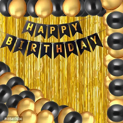 Party Midlinkerz Plain Rubber Happy Birthday Balloons Decoration Kit, Happy Birthday Banner - 1 Piece, Gold Foil Curtains - 2 Pieces, Gold Balloons - 15 Pieces, Black Balloons - 15 Pieces, Combo (Pack of 33)