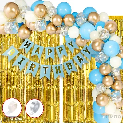PARTY MIDLINKERZ 93Pcs Happy Birthday Balloons Decoration Items Combo Kit Blue Gold WhiteBlue White And gold Metallic Balloons Birthday + Happy BirthdayDecorations Items