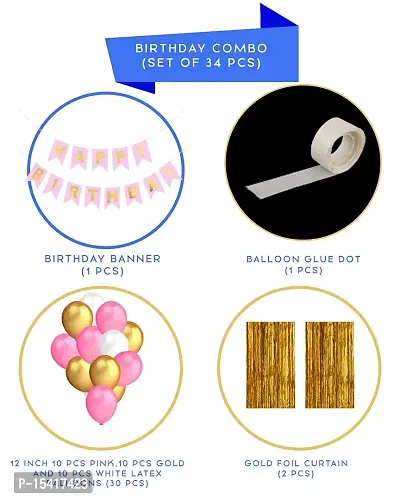 Party Midlinkerz Solid Happy Birthday Balloons Decoration Kit (Happy Birthday Banner, 1 Set of 13 Letters, Pink) (Foil Curtains - 2 Pieces, Golden) (HD Metallic Balloons - 30 Pieces, Pink, White  Gold) (Glue Dot Roll - 1 Piece, White) Combo (Pack of 34)-thumb2