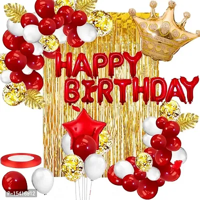 Golden And Red Happy Birthday Decoration Combo Kit With Banner Balloons Foil Curtain Crown Foil 48Pcs For Birthday Decoration Boys Kids Girl Husband Wife Girl Friend Adult