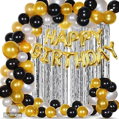 PARTY MIDLINKERZ 53Pcs Black Golden Silver Items Set with 2Pcs Silver Foil Curtain,50 Pcs Metallic Rubber Balloons, Golden Happy Birthday Foil Balloon/Balloon Set